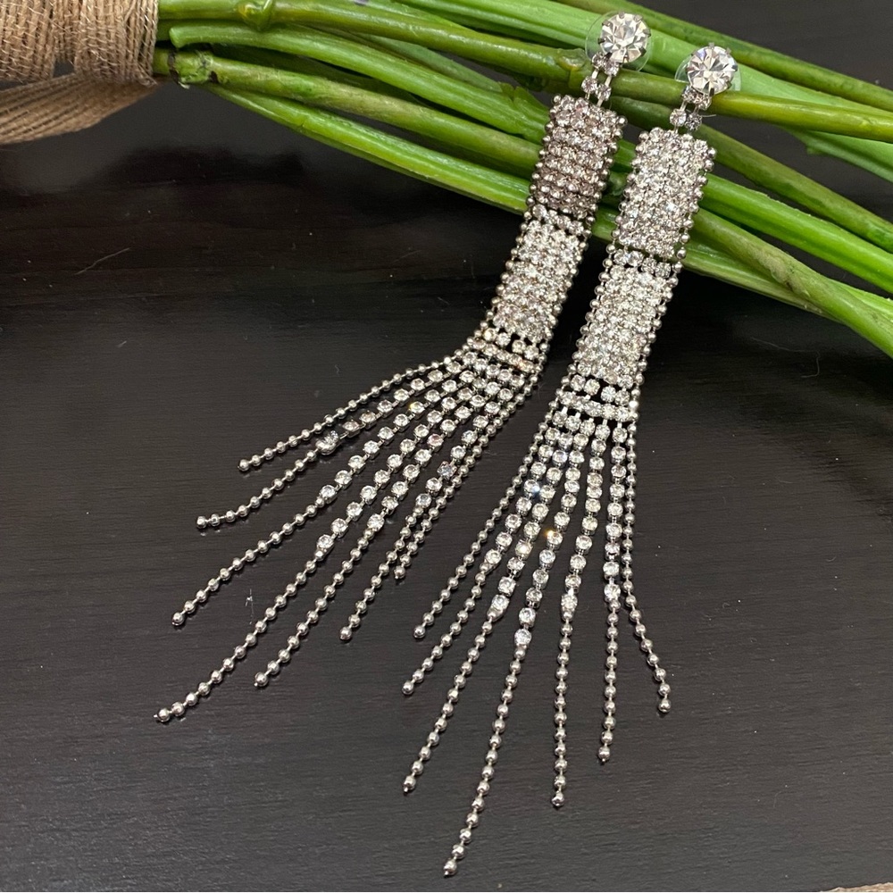 Vintage Unsigned Pavé Clear Rhinestones Drop Fringe Runway Statement Earrings
